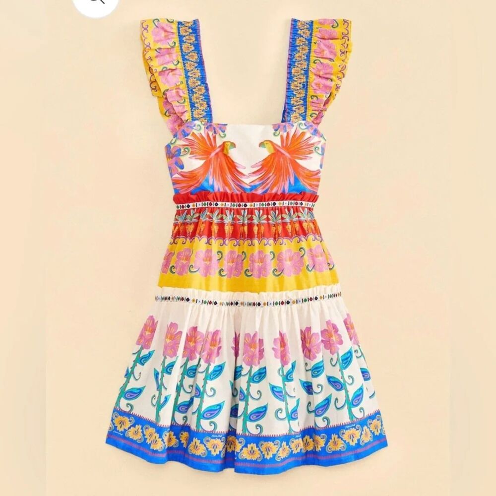 FARM Rio White Multicolor Parrot & Floral Ruffle Mini Dress